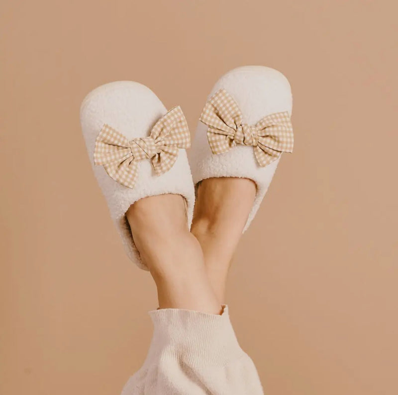 maple gingham bow slippers