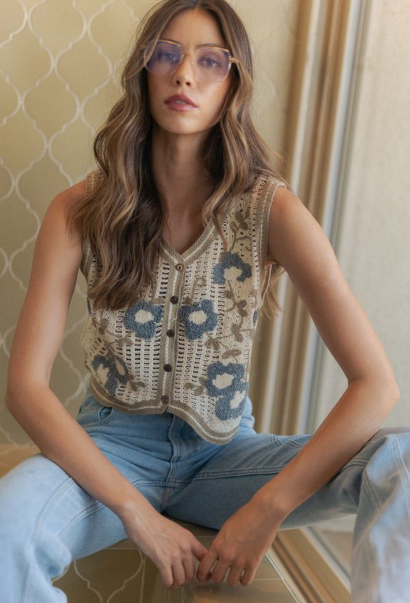blue floral crochet vest
