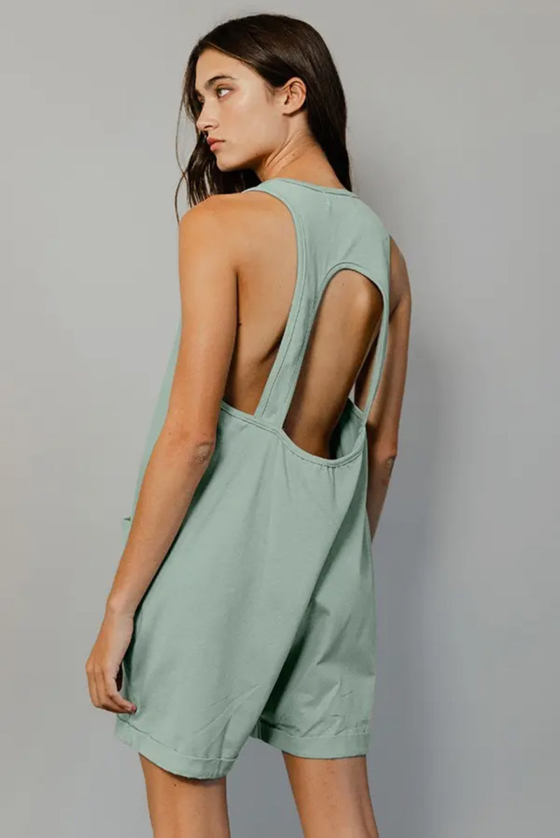 open back sleeveless romper- sage